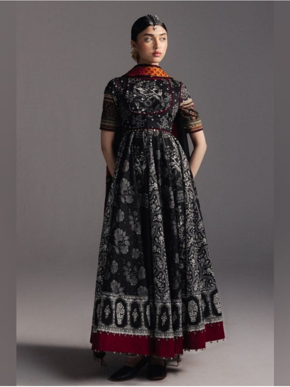 Black Printed Maxi Dress with Maroon Hem
